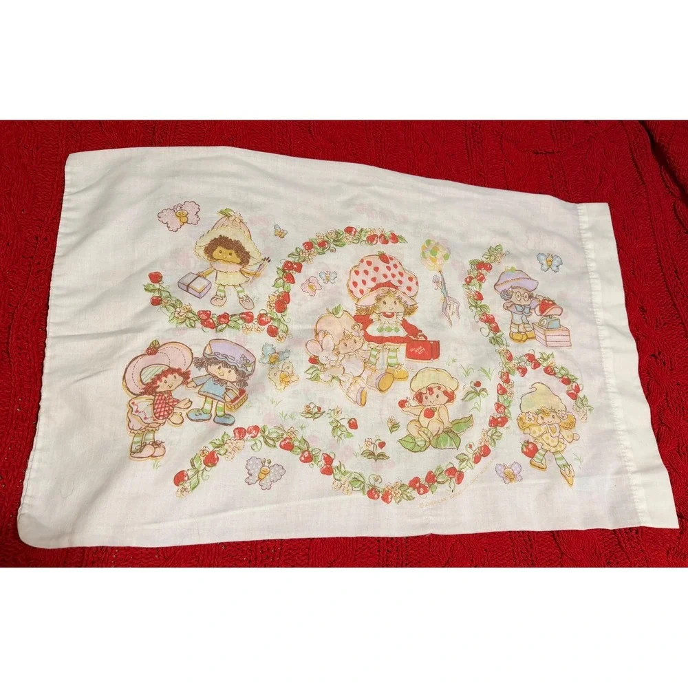 Vintage Strawberry Shortcake Pillowcase 1980s Characters Bedding White Cotton